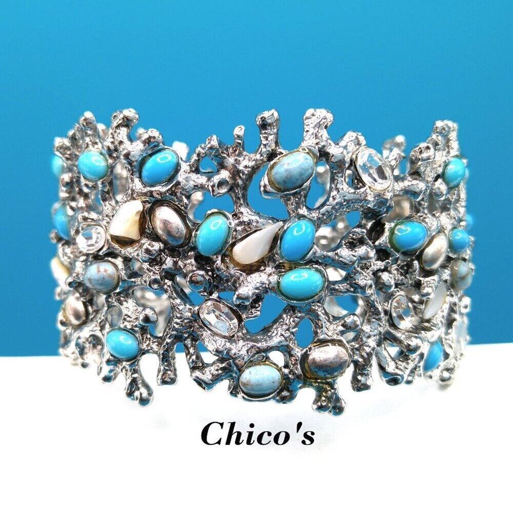 Chico's  Faux Turquoise Hinged Cuff Bracelet, Silver Tone, Hinge on one side, 6"